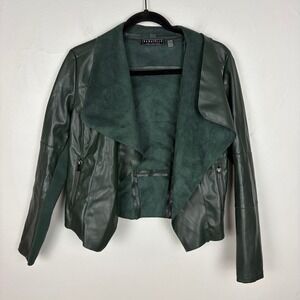 Bagatelle Collection Green Faux Leather Moto Jacket Draped Open Front Size XS